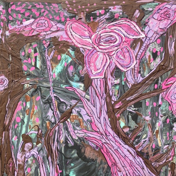 Wild Flowers fantasy pink large flower, medium size original, art painting - Picture 3 of 4